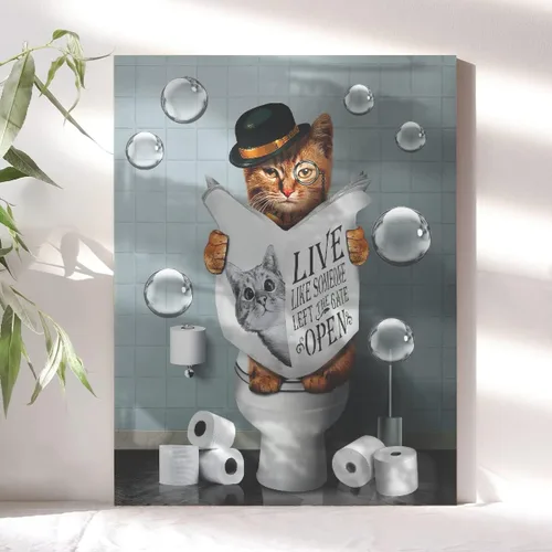 Miniatura 6 de Kateflower Lienzo decorativo para baño, arte de pared, lindo gato sentado en el inodoro, leyendo periódicos, imágenes de animales de granja, pintura