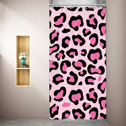 Miniatura 2 de Riyidecor Cortina de Ducha con Estampado de Leopardo Negro y Rosa Cabina Pequeña RV Estrecha Linda Femenina Moderna Trendy Simple Guepardo 36Wx72H