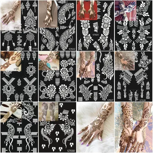 Miniatura 12 de 10 hojas de plantillas de tatuaje de henna 10 pares de plantillas de tatuaje temporal para brazo y mano Tatuajes indios árabes con purpurina Negro