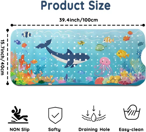 Miniatura 2 de LNOND Alfombra de baño para niños, tapete antideslizante de ballenas azules, con orificios de drenaje y ventosas, lavable a máquina