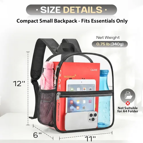 Miniatura 3 de Mochila transparente Oraben para eventos de estadio, mochila transparente para estadio 12x6x12, Negro, Pequeño