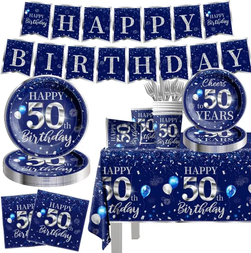 Juego de vajilla de 142 piezas para decoración de cumpleaños número 50, color plateado y azul, suministros de fiesta de cumpleaños número 50 para