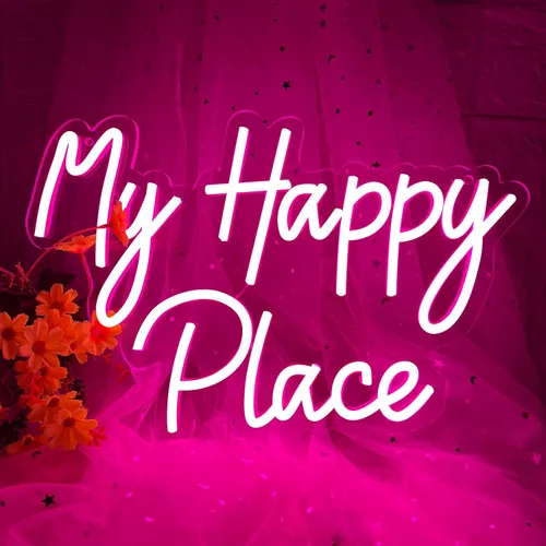 Letrero de neón con texto en inglés «My Happy Place», luz de neón LED rosa regulable para decoración de pared, alimentada por USB, luces de neón con