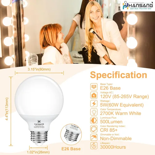 Miniatura 2 de 12 unidades de bombillas de tocador para baño, bombilla LED redonda de base E26, 2700 K, blanco cálido, 60 W de equivalencia, G25, bombilla