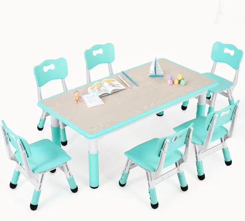 Miniatura 11 de Arlopu Juego de mesa y 6 sillas para niños, escritorio de graffiti ajustable en altura, mesa de manualidades para actividades preescolares, para Azul