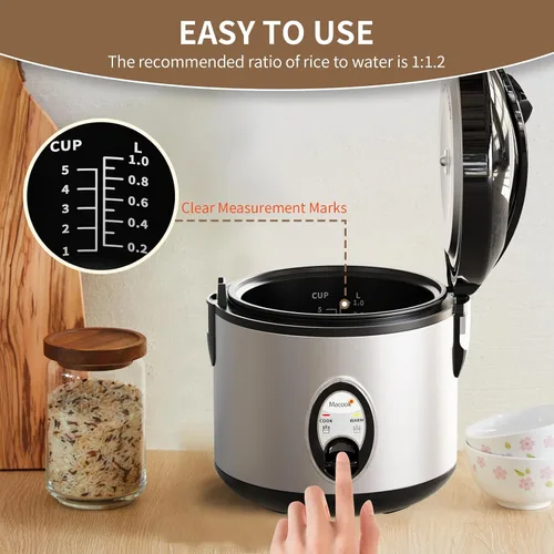 Miniatura 9 de Macook Arrocera de acero inoxidable con vaporizador, 4 tazas sin cocer (1.0L)/8 tazas cocidas, cocina eléctrica para granos y verduras, mantiene