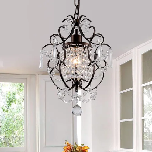 Miniatura 9 de Candelabro de Cristal Mini Moderno, Lámparas de Luz de Cristal de Hierro Bronce Montaje en Techo 1 Luz Candelabros Pequeños para Dormitorio