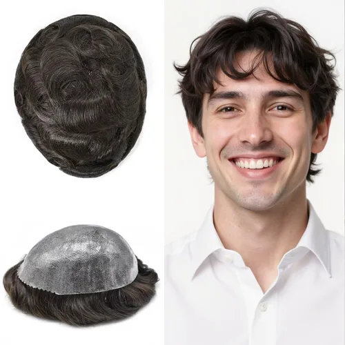 Miniatura 83 de Peluca completa de poliuretano para hombre, sistemas de reemplazo de cabello humano, piel fina y duradera, para hombre, prótesis de cabello