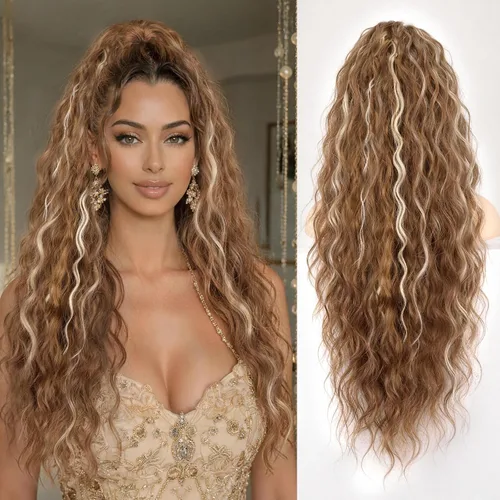 Miniatura 56 de ORSUNCER Extensión de cola de caballo de 18" con pinza rizada, cola de caballo esponjosa, extensiones de pelo sintético de aspecto natural para mujer