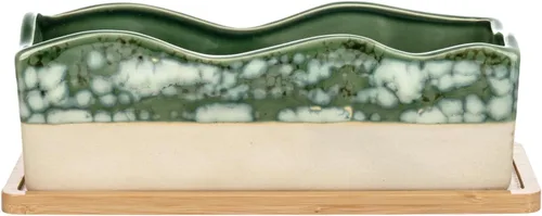 Miniatura 6 de MyGift Maceta rectangular para suculentas - Maceta decorativa de cerámica beige y verde glaseada con bandeja de bambú extraíble