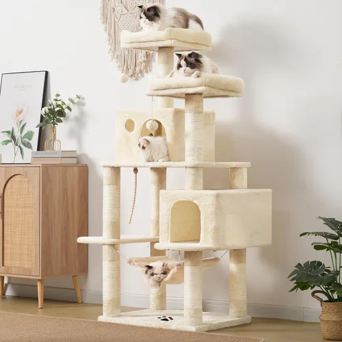 Miniatura 2 de Hey-brother - Mueble grande de casita de gato multinivel con postes rascadores cubiertos de sisal, 2 condominios de felpa más grandes, hamaca Beige