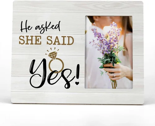 FONDCANYON Marco de fotos con texto en inglés «He Asked And She Said Yes», marcos de fotos de propuesta, regalos de compromiso para él, su novia