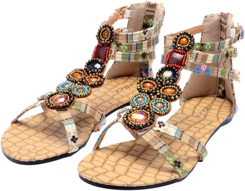 Miniatura 9 de Odema Sandalias planas para mujer, con cuentas bohemias, con cremallera trasera, zapatos elegantes