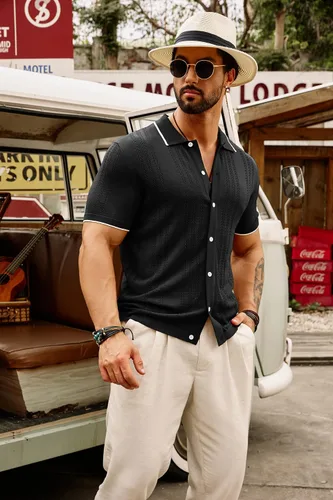 Miniatura 5 de GRACE KARIN Polo de punto transpirable para hombre, camisas con botones de bolos ahuecados