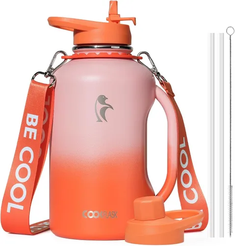 Miniatura 9 de Coolflask - Botella de agua aislada de 64 onzas, jarra de agua de medio galón con asa, popote de acero inoxidable, doble pared, de metal al vacío