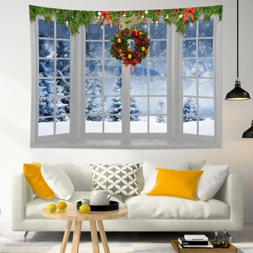 Miniatura 2 de HVEST Tapiz navideño de invierno para colgar en la pared, bosque de pinos nevados con copo de nieve a través de ventana, tapiz de corona de Navidad