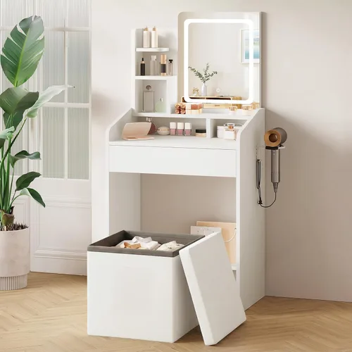 LIVELYGLOW Juego de tocador pequeño con espejo iluminado y estación de energía, escritorio de maquillaje blanco moderno de 24 pulgadas con taburete