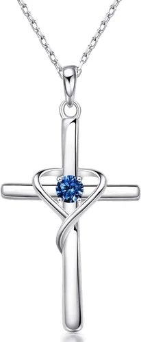 AmorAime Collar con cruz de plata de ley 925 para mujeres y hombres, chapado en oro de 14 quilates, collares de piedra natal de circonita cúbica 5A