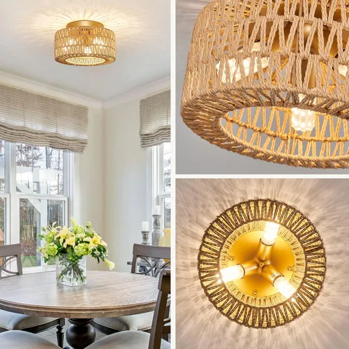Miniatura 2 de Lámparas de techo de ratán, montaje en techo, 3 luces, lámpara de techo de montaje empotrado estilo boho, lámpara de sombra de jaula tejida a mano