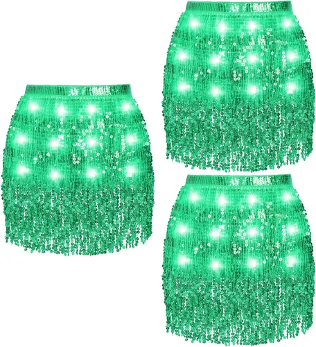 3 piezas de falda de lentejuelas iluminadas con borlas LED, falda de cadera con flecos, falda de danza del vientre, falda con purpurina para mujer,