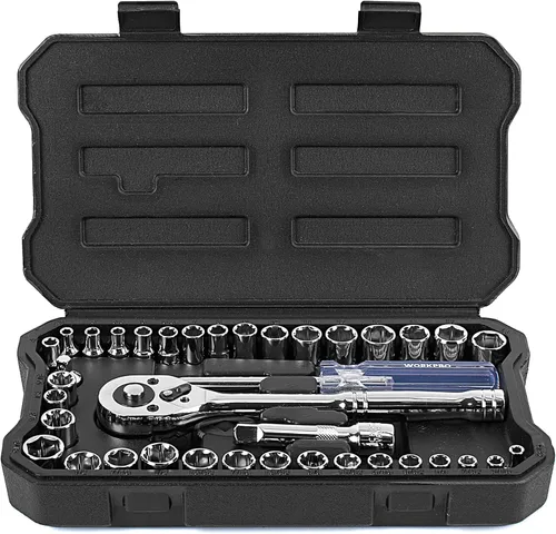 WORKPRO Juego de 39 piezas de llaves métricas e imperiales CR-V con llave de trinquete de liberación rápida, juego de enchufes compactos para