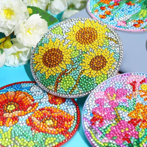 Miniatura 2 de 8 PCS Juego de Posavasos de Arte de Diamantes con Flores, Juego de 8 Posavasos de Pintura de Diamantes con Soporte, Posavasos para Bebidas DIY