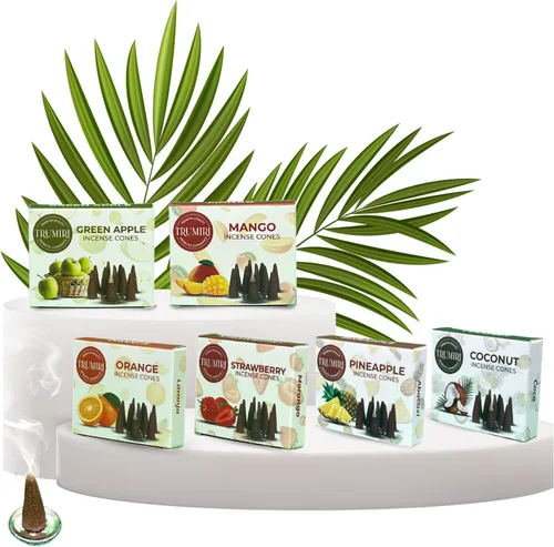 Miniatura 6 de Trumiri Conos de Incienso Frutales - Paquete de Variedad - Total 60 Conos de Incienso (6 Aromas x 10 Conos) - Fresa, Coco, Piña, Manzana, Mango