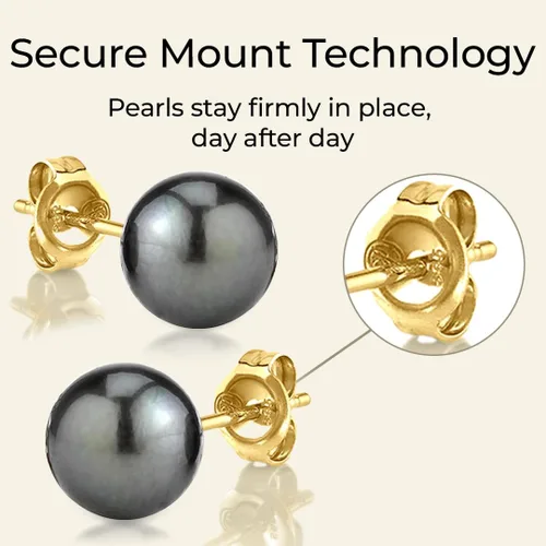 Miniatura 7 de The Pearl Source Tahitian Pearl Stud Earrings for Women, Genuine Cultured Black Pearls in 14K White and Yellow Gold, Hypoallergenic Jewelry