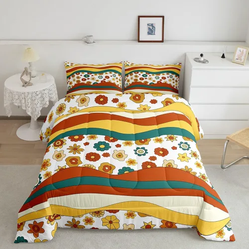 Miniatura 23 de Juego de ropa de cama con estampado floral bohemio, tamaño individual, diseño retro de flores groovy, 60S y 70S, juego de edredón de flores hippie