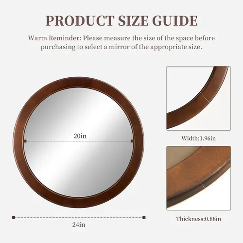Miniatura 6 de CULER Espejo redondo de madera de 24 pulgadas, espejo circular con marco de nogal para pared, espejo de pared redondo decorativo rústico para baño