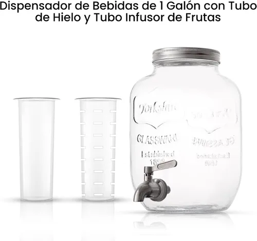 Miniatura 2 de Dispensador de bebidas de 1 galón. Dispensador de bebidas de vidrio con espita de acero inoxidable más cilindro de hielo e infusor de frutas.
