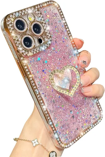 Miniatura 9 de Bling Glitter Heart compatible con iPhone 13 Pro de 6.1 pulgadas, bonito protector de cámara completo brillante para mujer, funda de teléfono Oro