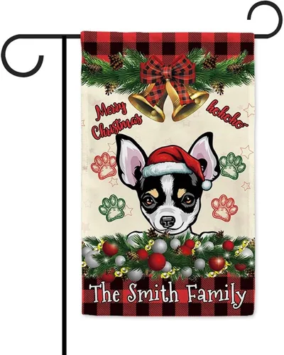 Miniatura 12 de Bandera de jardín de Navidad de 12.5 x 18 pulgadas, anillo de bola de Navidad para perro chihuahua, campana, corona, bandera de búfalo rojo, a