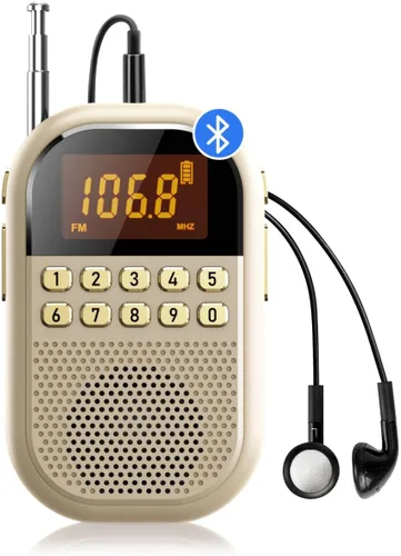 Radio AM FM de bolsillo: radio recargable de 1100 mAh compatible con Bluetooth, mini receptor FM AM con altavoz grande, auriculares estéreo, Beige