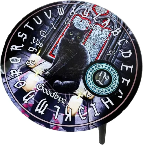 Ebros Occultic Wicca Lisa Parker Sagrado Circle Black Cat Ouija Spirit Board con plancha redonda de 16 pulgadas de alto, mesa auxiliar redonda para
