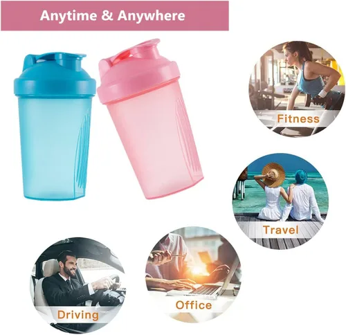 Miniatura 5 de Shaker Bottle - Batido de proteínas y botella agitadora de 16 onzas/13.5 fl oz con bolas batidoras, plástico sin BPA (azul + rosa (2 unidades)