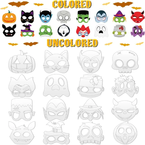 Miniatura 2 de Lenwen 16 máscaras para colorear de Halloween, manualidades, colorea tus propias máscaras de Halloween, kits de manualidades de papel para trucos