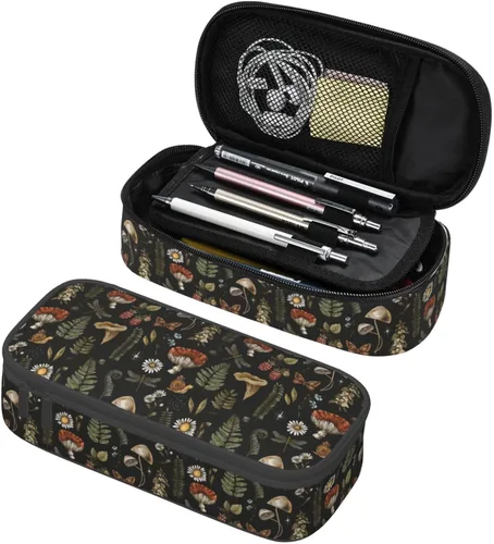 Miniatura 21 de Estuche organizador retro hippie de los años 70 con diseño de hongos florales de gran capacidad, papelería con cremallera, suministros escolares