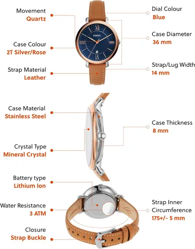 Miniatura 7 de Fossil Reloj Jacqueline de cuarzo de acero inoxidable y cuero para mujer Jacqueline ES5207 - Reloj de 3 manecillas