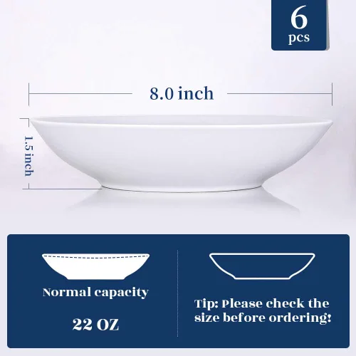 Miniatura 4 de Y YHY Juego de 6 Tazones para Pasta de 8", Tazones de Ensalada de Porcelana de 22 oz para Servir Sopa, Pasta, Cena, Platos Tipo Tazón Grandes