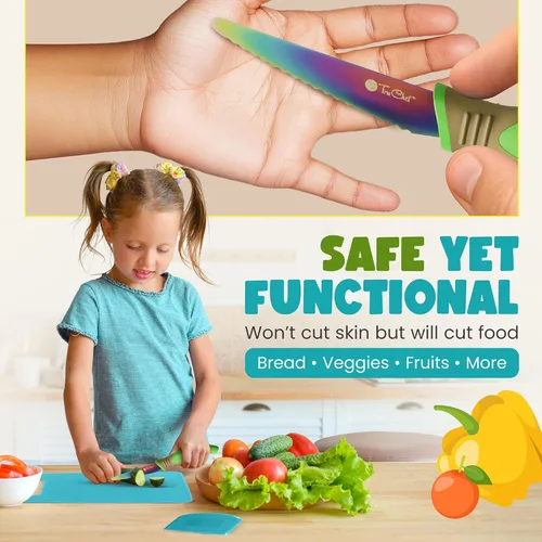 Miniatura 3 de TruChef Juego de cuchillos para niños para cocina real, juego de chef seguro para la piel para mayores de 3 años con cuchillas de arcoíris, tabla