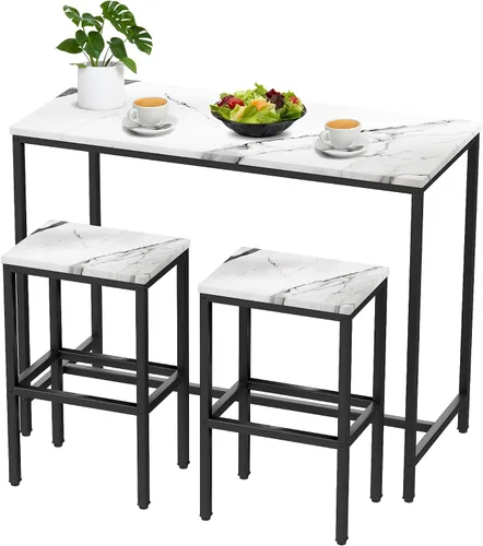 Aklaus Juego de mesa de bar, mesa de bar y sillas de mármol sintético blanco de 44 pulgadas, mesa de bar de altura de mostrador con 2 taburetes de