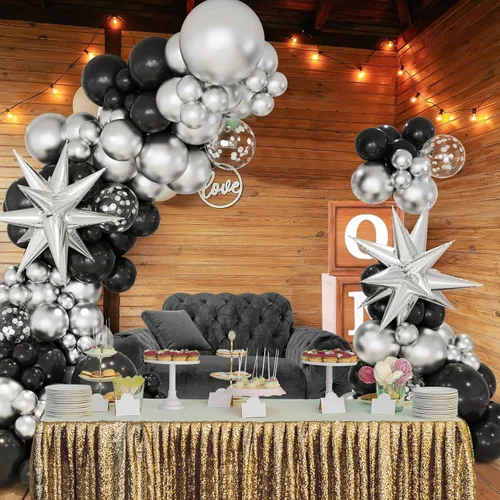 Miniatura 4 de Kit de arco de guirnalda de globos negros y plateados, 146 globos metálicos plateados y negros con globos plateados de papel de aluminio de estrella