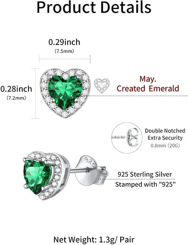 Miniatura 4 de ChicSilver Aretes de plata de ley 925 con forma de corazón, redondo, pera, esmeralda, piedra natal con halo para mujer, joyería de cumpleaños