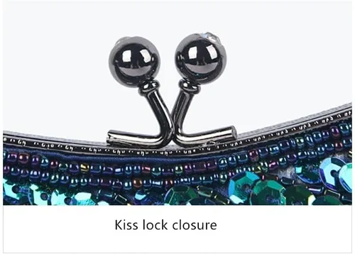 Miniatura 4 de Bolso de mano de noche de pavo real para mujer, con lentejuelas, con cuentas, cierre de beso, para cóctel, boda, fiesta de graduación