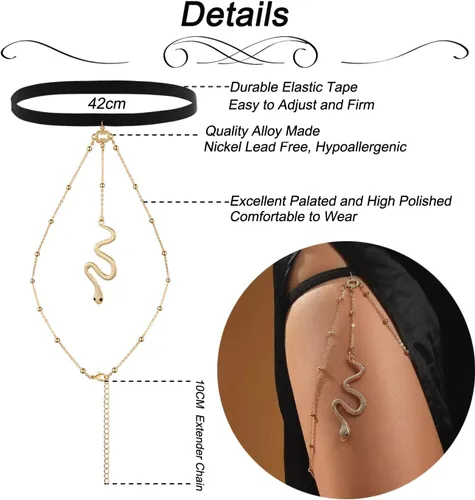 Miniatura 6 de Cadenas de muslo para mujer, 8 cadenas de piernas para mujer, cadena de pierna de serpiente, cadena de cuerpo en capas, juego de joyería de playa