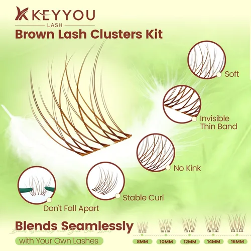 Miniatura 4 de KEYYOU Brown Velure - Kit de racimos de pestañas de terciopelo – Natural Wispy C Curl Manga 0.315-0.630 in, kit de extensión de pestañas incluye