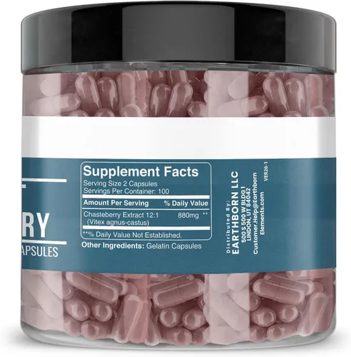 Miniatura 2 de Earthborn Elements Vitex (Chasteberry) 200 cápsulas, puro y sin diluir, sin aditivos