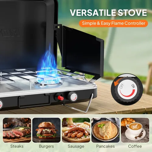 Miniatura 3 de ROVSUN Estufa de camping portátil de 2 quemadores con encendedor, estufa de campamento de propano de 20000 BTU con adaptador, mango integrado
