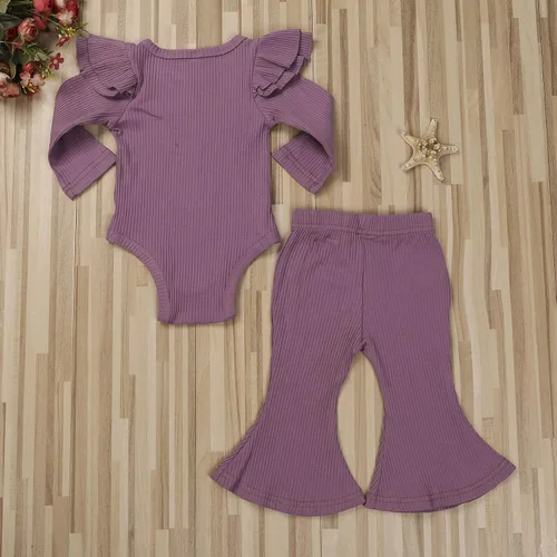 Miniatura 3 de Ropa para bebé y niña, acanalado, con volantes, manga larga, mameluco, pantalones acampanados, color sólido, otoño, invierno, trajes de 2 piezas